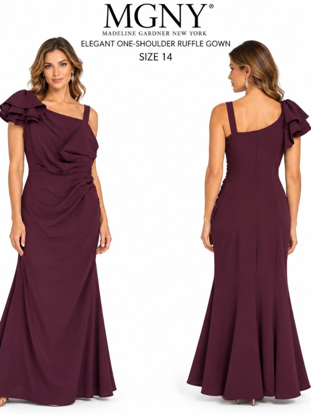 MGNY PLUM ONE-SHOULDER RUFFLE GOWN SIZE 14